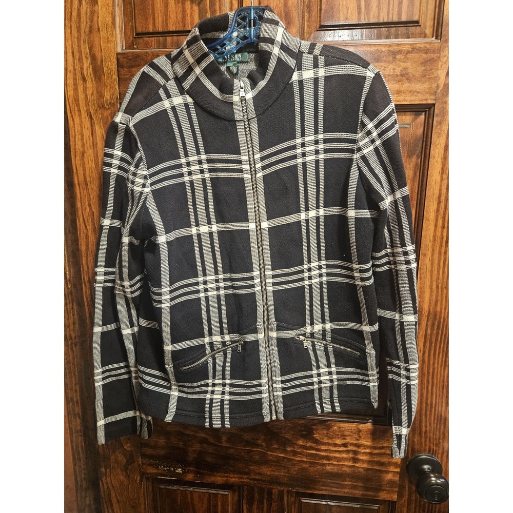 Lauren Ralph Lauren Women XL Plaid Zip Up Blazer Jacket Black White Pockets